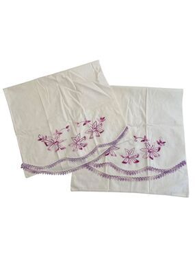 Vintage White Pillowcases With Purple Floral Embroidery & Crochet Trims scallop